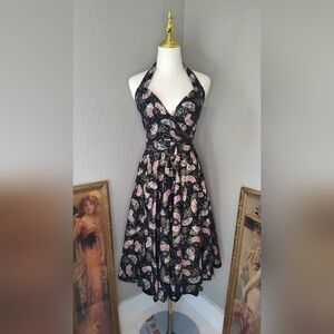 1950s Repo Asian Gold Fan & Cherry Blossom Elegant Black Floral Halter Dress